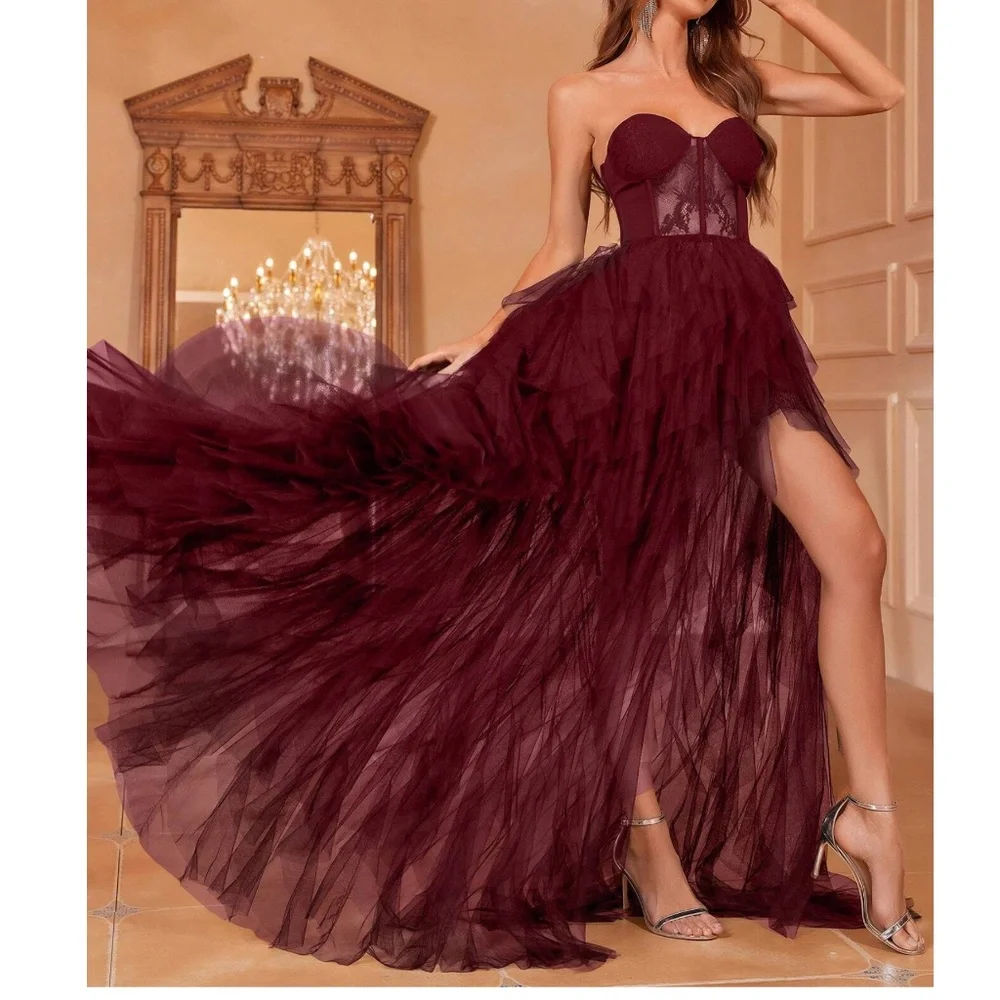 Luxe Strapless Lace Party Holiday Evening Formal Wedding Party - Picture 6 of 15